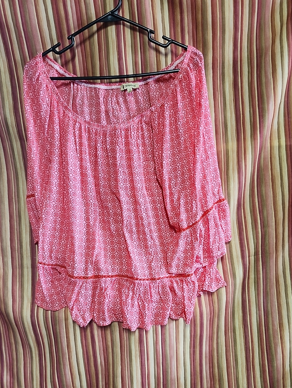Democracy Coral Pink Printed Ruffle Peasant Top